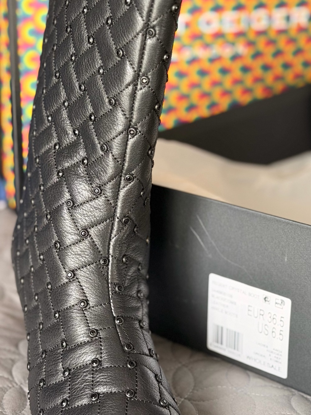 Kurt Geiger Full Leather Quilted Pointed Toe Booties with Gold Caps - Black - Picture 10 of 10